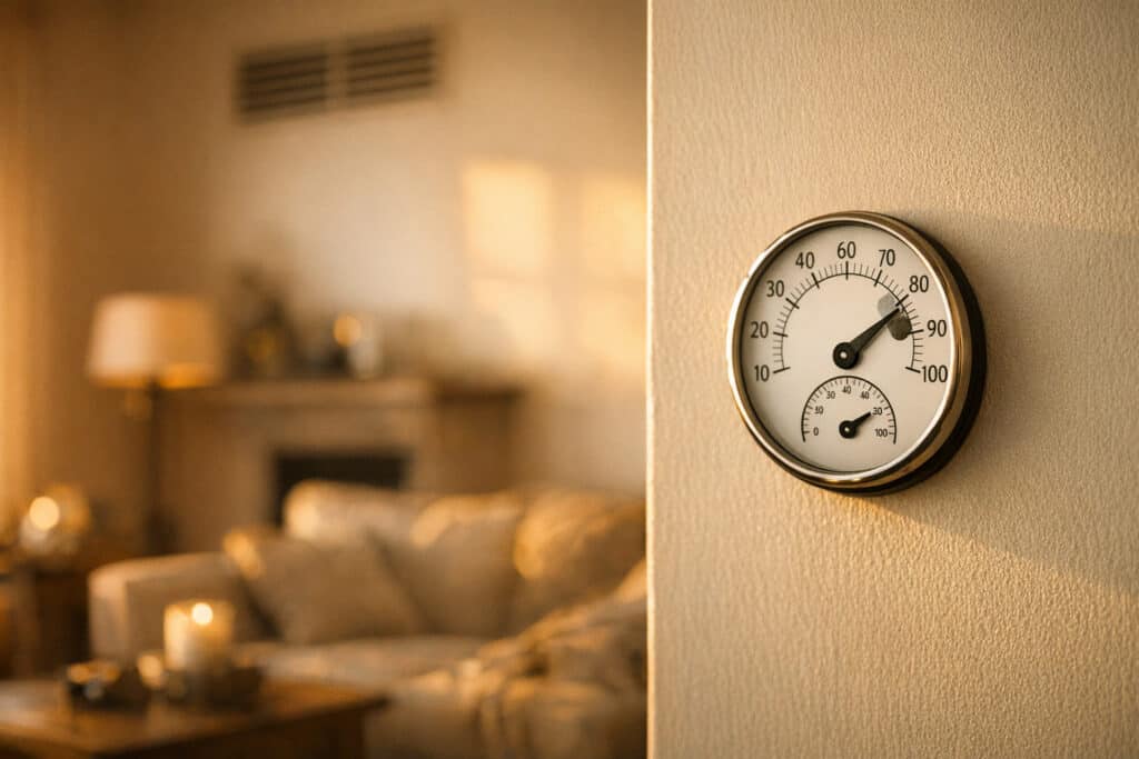Hygrometer die hoge luchtvochtigheid toont ondanks ventilatie in huis