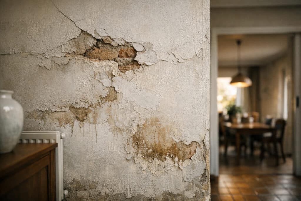Bruine vochtkringen op een wit plafond na een lekkage van bovenaf
