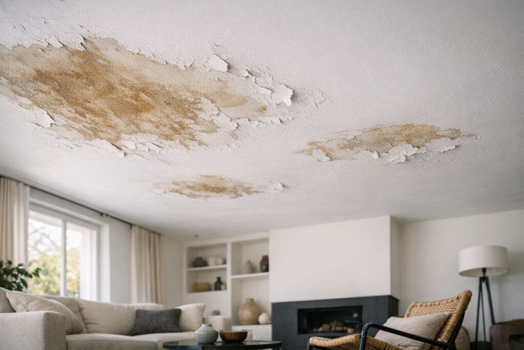 Bruine vochtplekken op wit plafond door waterinsijpeling