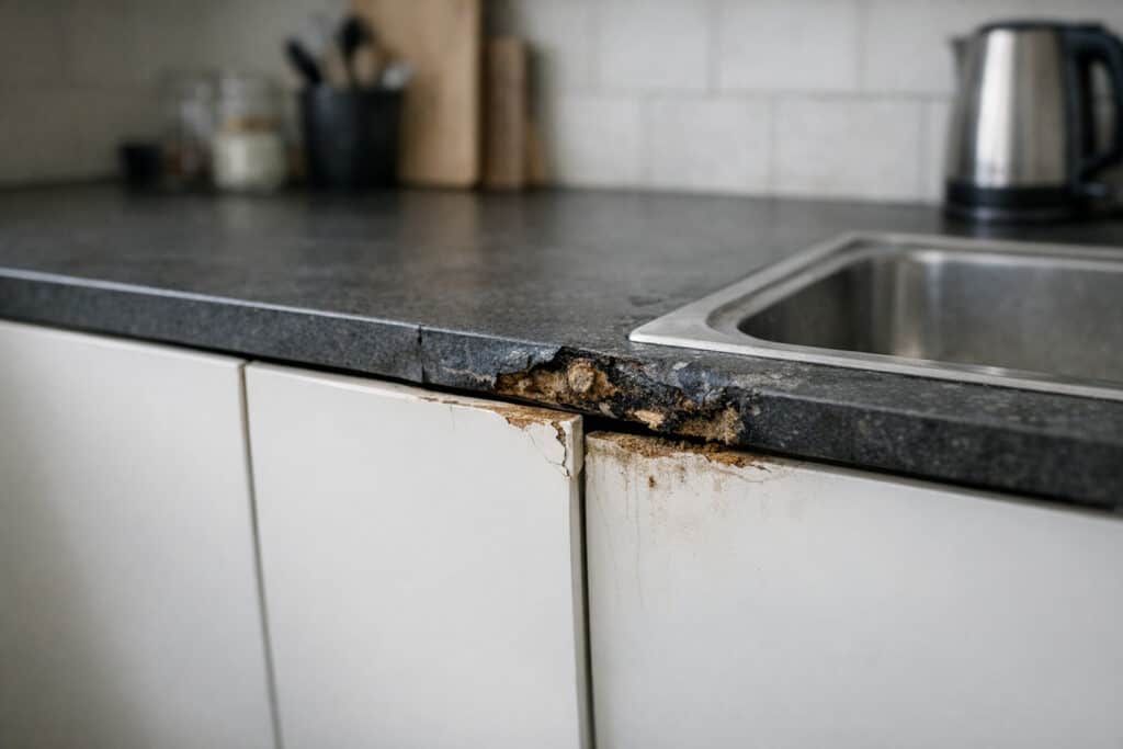 Opgebold en verkleurd keukenkastje door langdurige vochtinwerking
