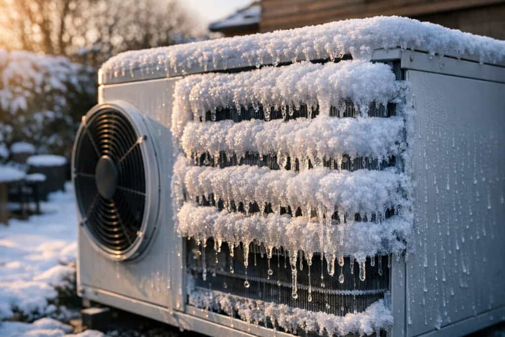 Bevroren buitenunit van warmtepomp met ijs op de lamellen