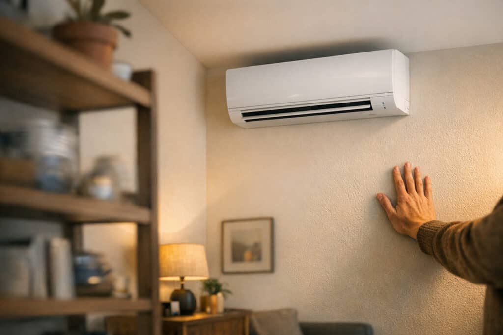 Trillende warmtepomp binnenunit die resonantie veroorzaakt op de muur