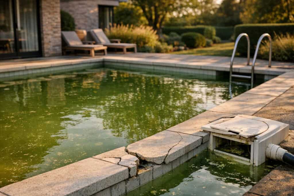 Troebel groen zwembadwater met algengroei op de bodem