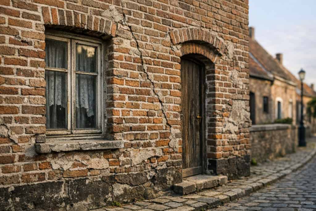 Vochtschade en zoutuitslag op bakstenen gevelmuur