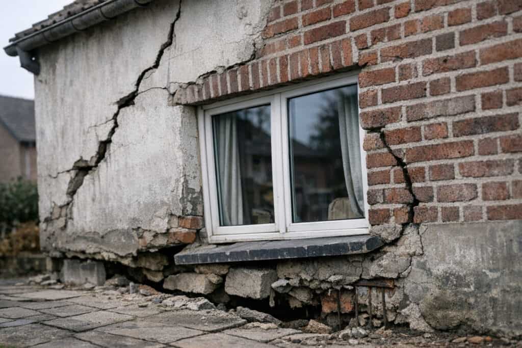 Woonkamer met waterschade na een overstroming, vochtige muren en vloer