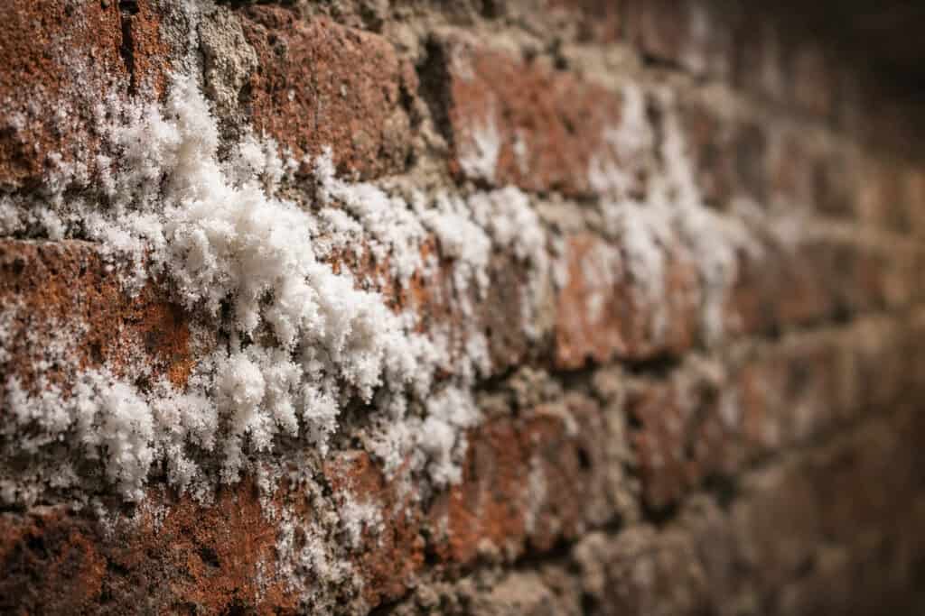 Witte zoutuitslag op keldermuren als teken van vochtprobleem