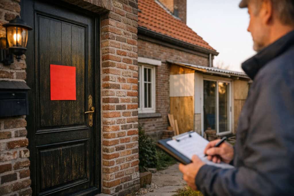 Bouwinspecteur met een checklist bij een woning met gebreken