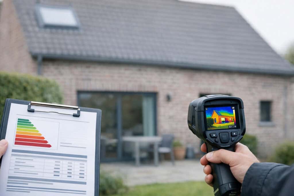Energiekeurder die met een warmtecamera een woning scant