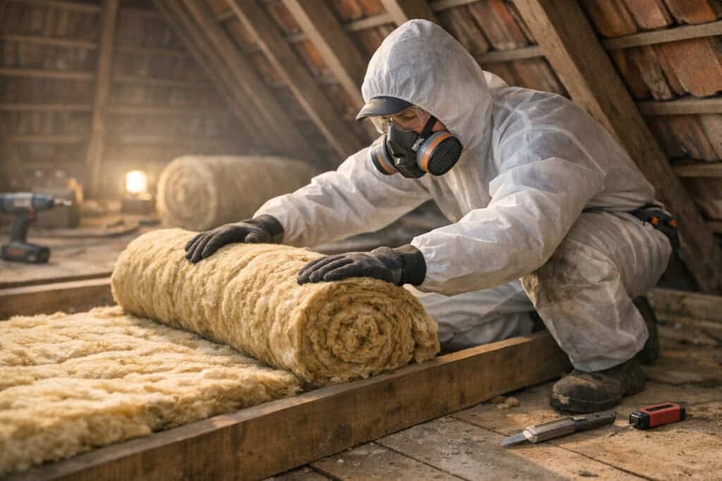 Ervaren vakman gespecialiseerd in zolderisolatie aan het werk