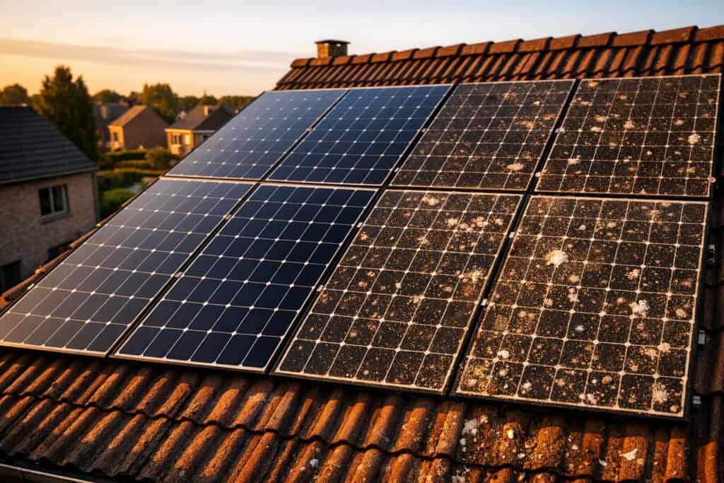 Vuile zonnepanelen bedekt met stof en vogelpoep naast schone panelen