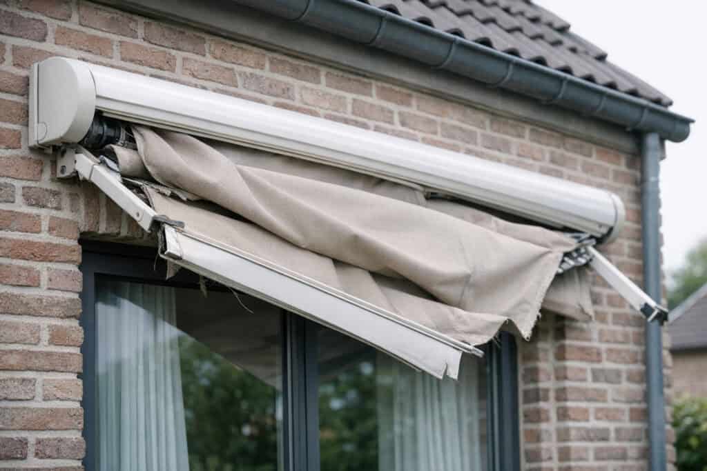 Uitgestrekt terrasscherm dat vastzit en niet meer oprolt