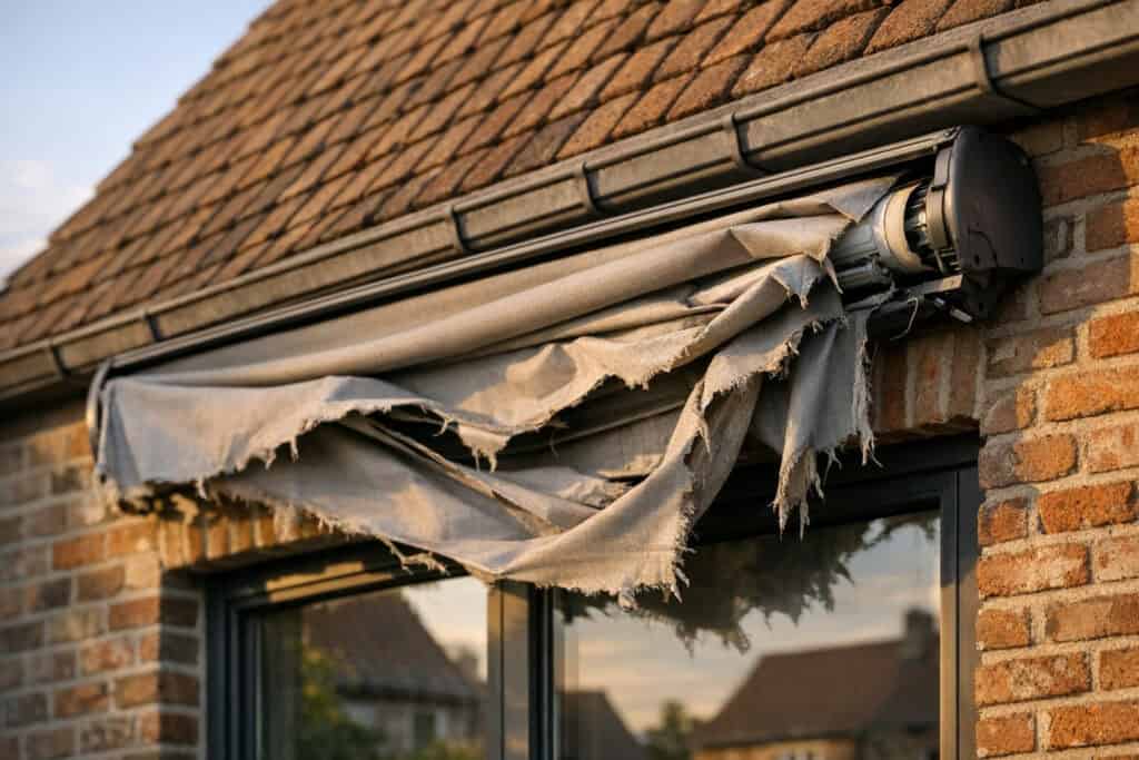 Gescheurd en verbogen zonnescherm na stormschade