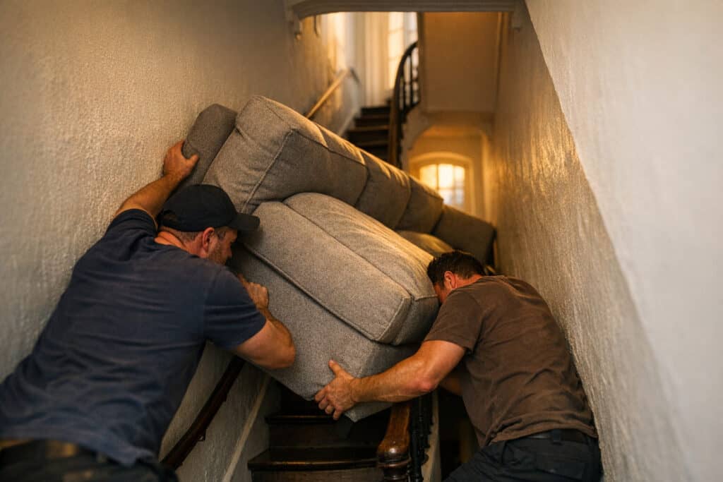Verhuizers die een grote zetel proberen te manoeuvreren in een smal trappenhuis