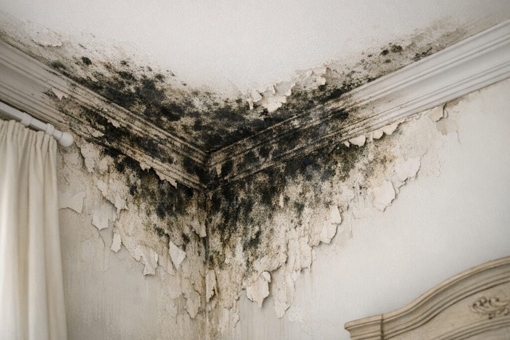 Zwarte schimmel in hoek van kamer door vochtprobleem