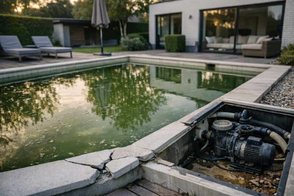Stilstaande zwembadpomp met vuil filter dat niet meer draait