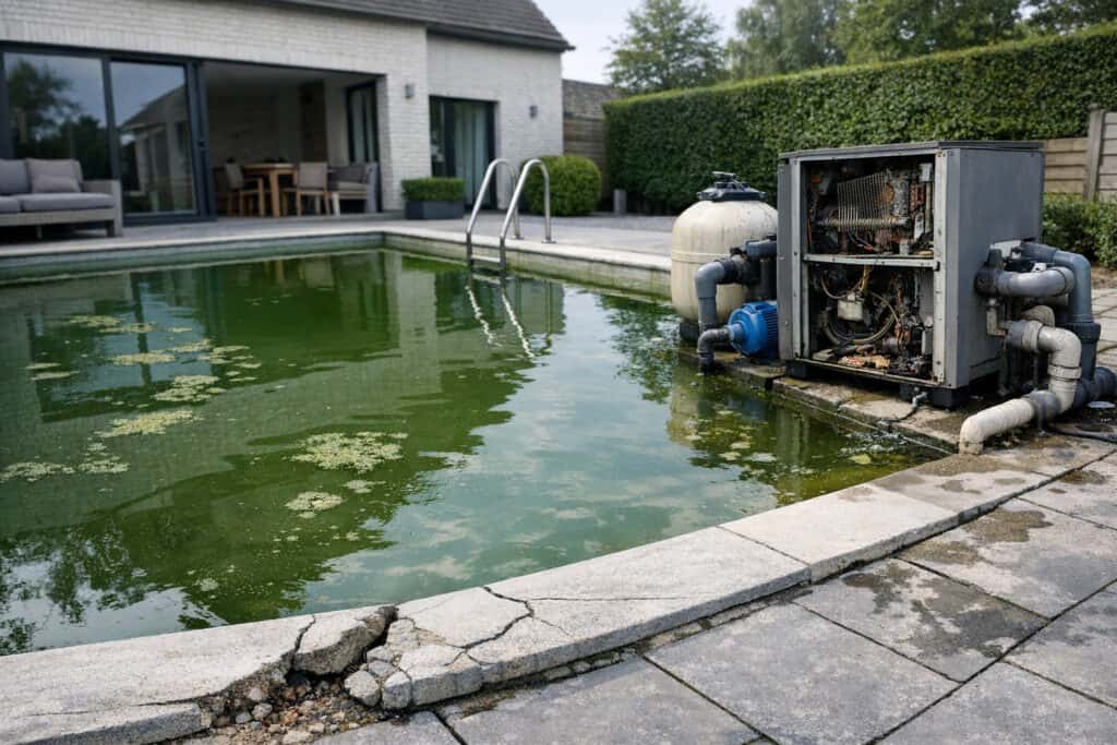 Zwembadverwarming met donker display die niet opstart