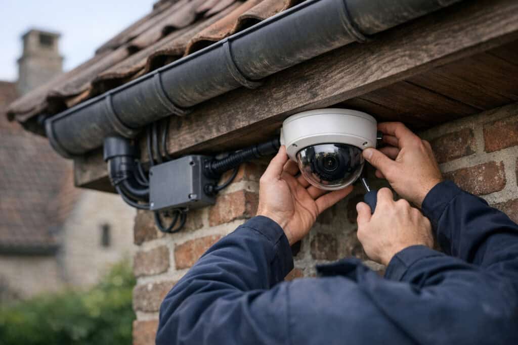 Specialist bezig met beveiligingscamera's plaatsen in een woning