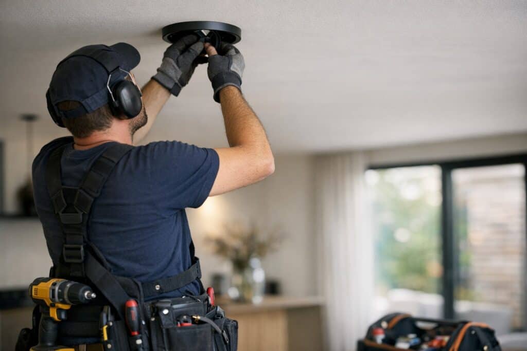 Ervaren vakman gespecialiseerd in buitenverlichting aan het werk