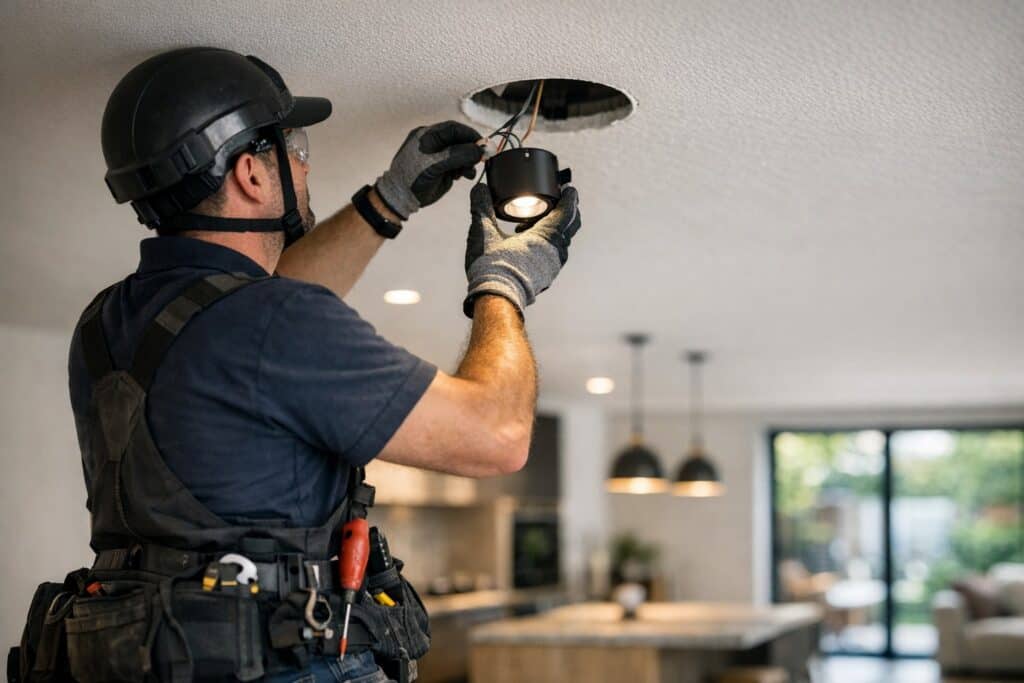 Vakman die buitenverlichting reparatie uitvoert aan een woning