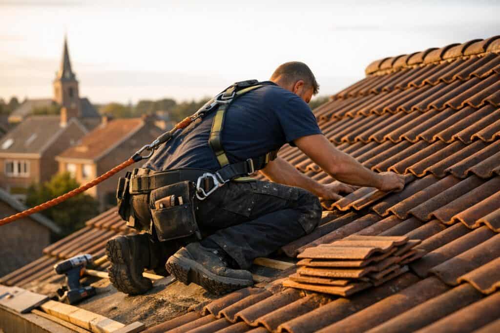 Vakman die dak reparatie uitvoert aan een woning