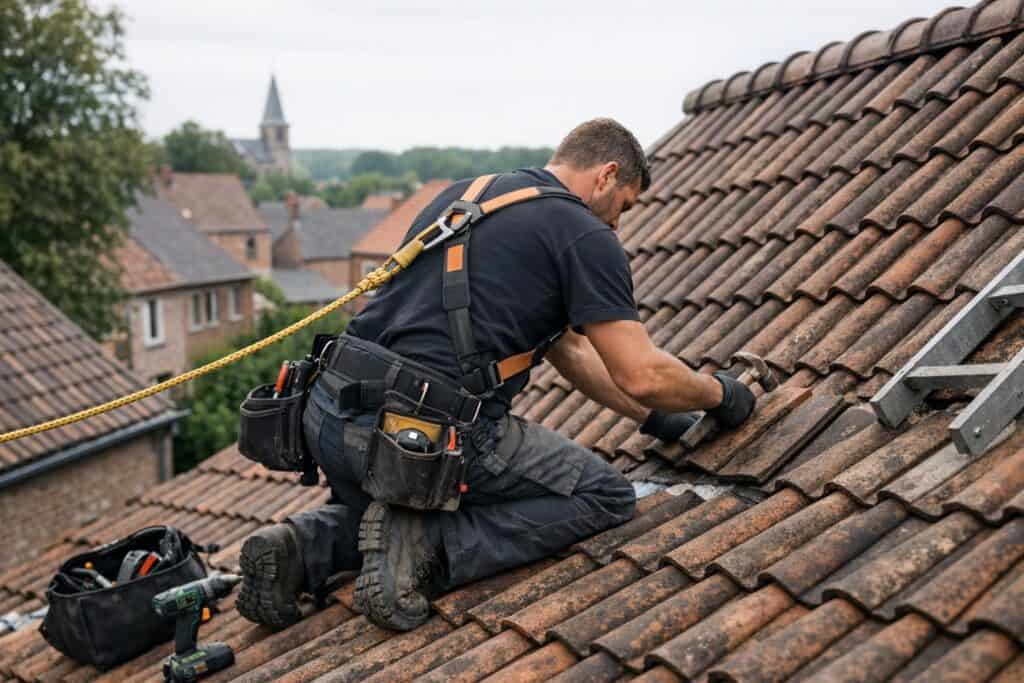 Vakman die daklek reparatie uitvoert aan een woning