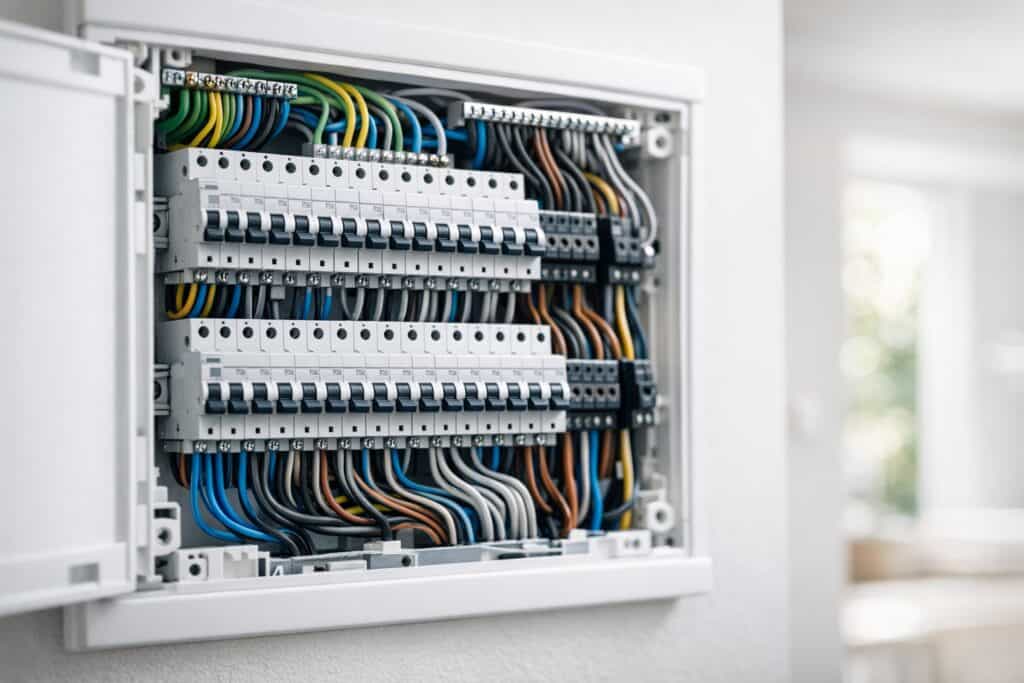 Elektrisch verdeelbord met zekeringautomaten in een Belgische woning