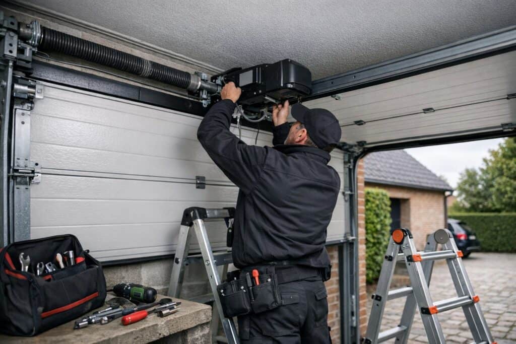 Vakman die garagedeur veer repareren uitvoert aan een woning