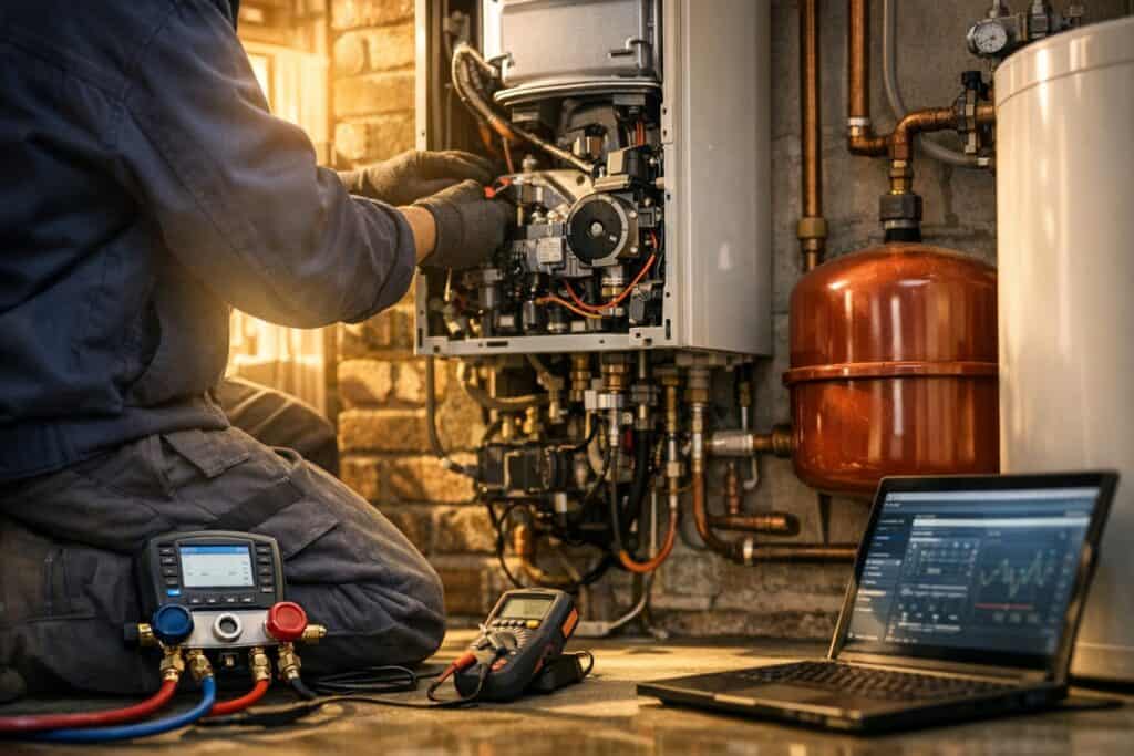 Vakman die geothermie repareren uitvoert aan een woning