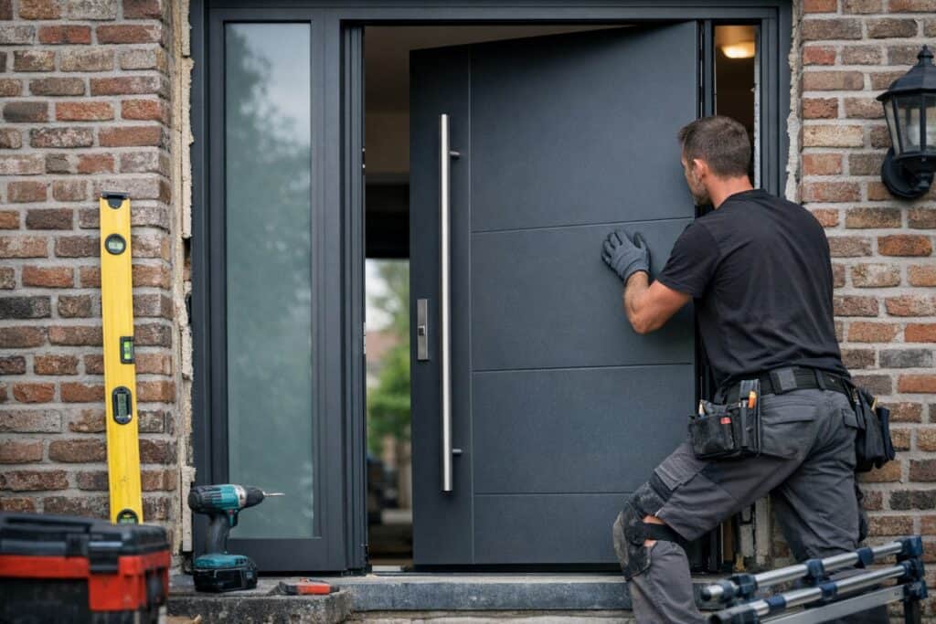 Ervaren vakman gespecialiseerd in glazen schuifdeuren aan het werk