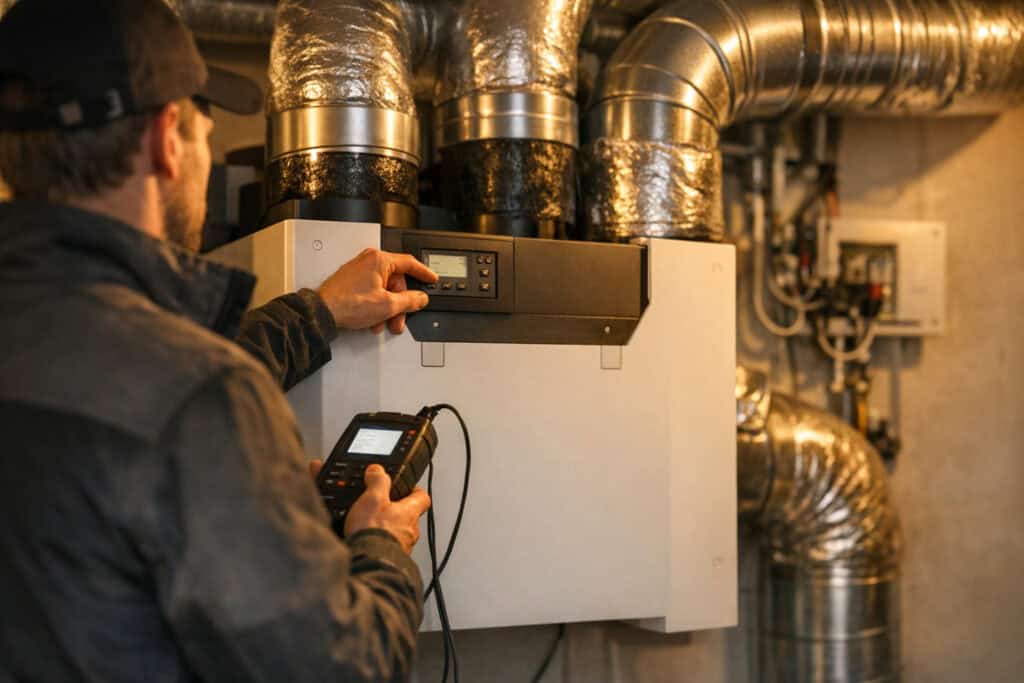 Vakman die hvac reparaties uitvoert aan een woning