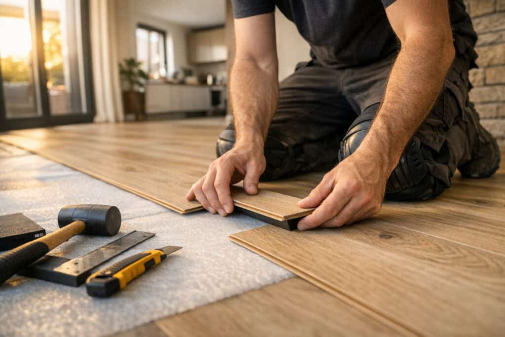 Ervaren vakman gespecialiseerd in laminaatvloer leggen aan het werk