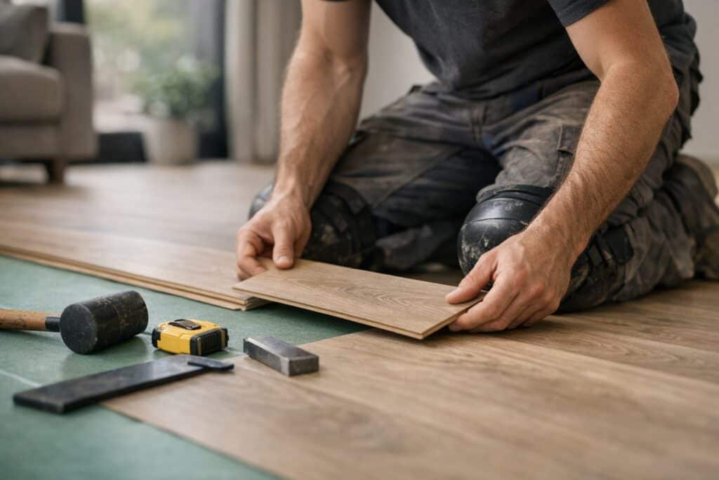 Vakman die laminaatvloer reparatie uitvoert aan een woning
