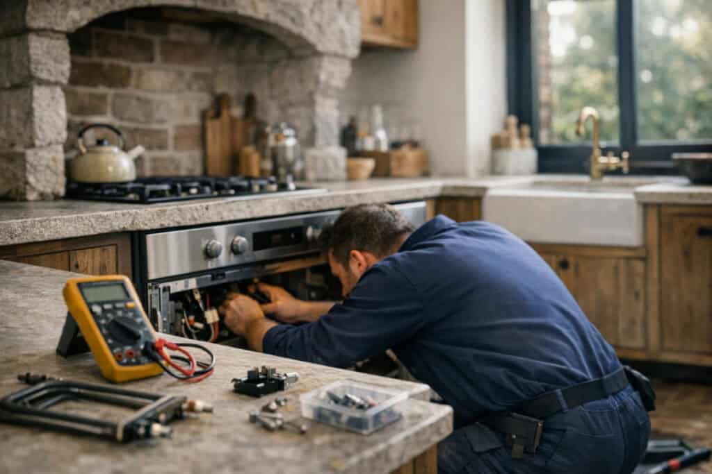 Specialist bezig met magnetron installeren in een woning