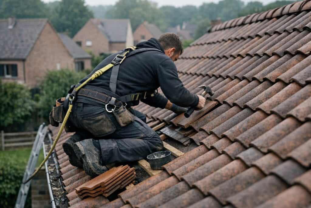Vakman die metalen dak reparatie uitvoert aan een woning