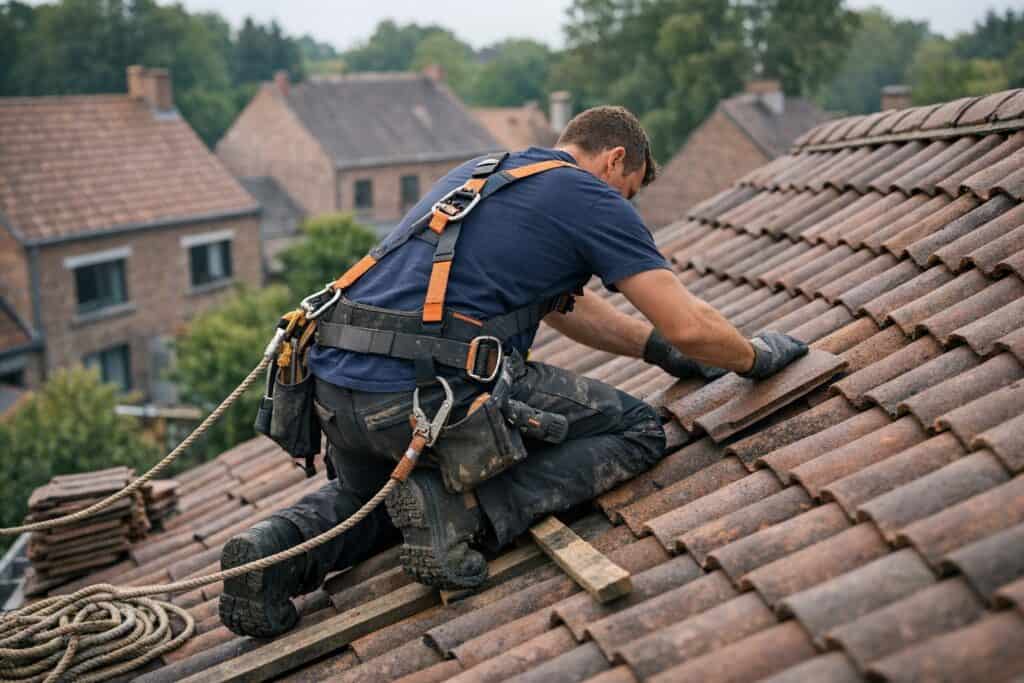 Ervaren vakman gespecialiseerd in metalen dakdekkers aan het werk