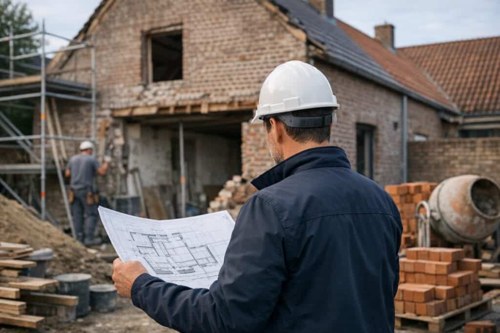 Vakman die metselwerk repareren uitvoert aan een woning