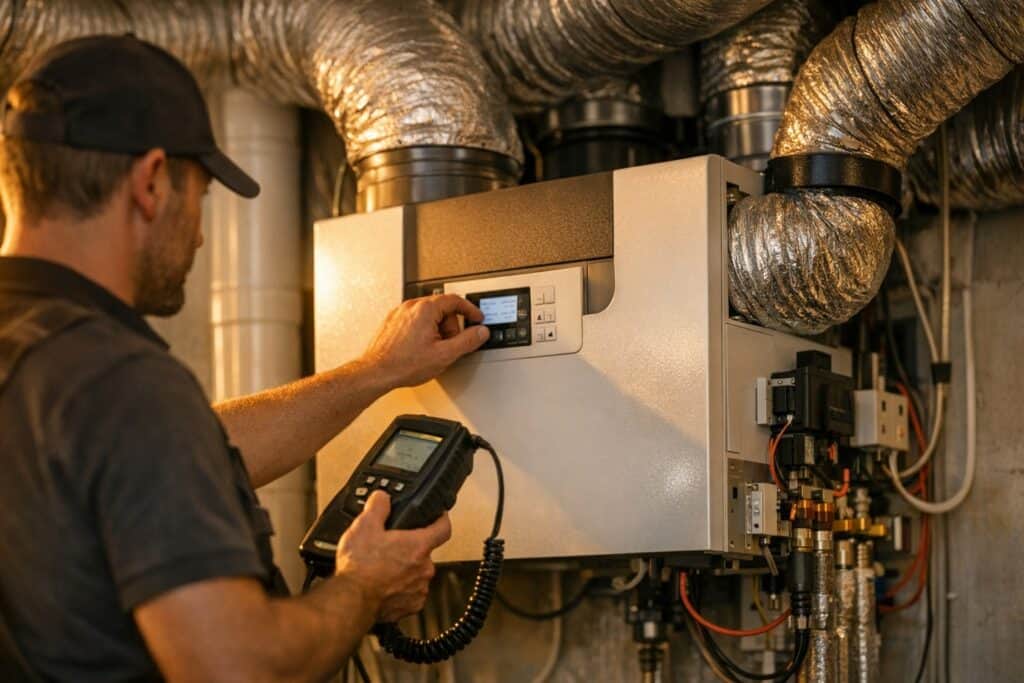 Specialist bezig met mini-split installatie in een woning