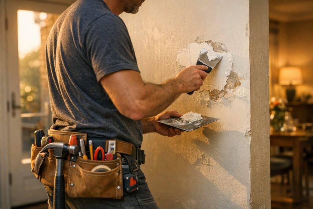 Vakman die muur reparatie uitvoert aan een woning