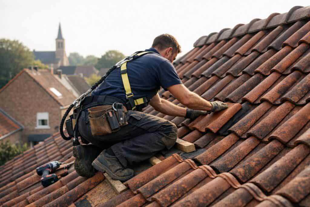 Vakman die pannendak repareren uitvoert aan een woning