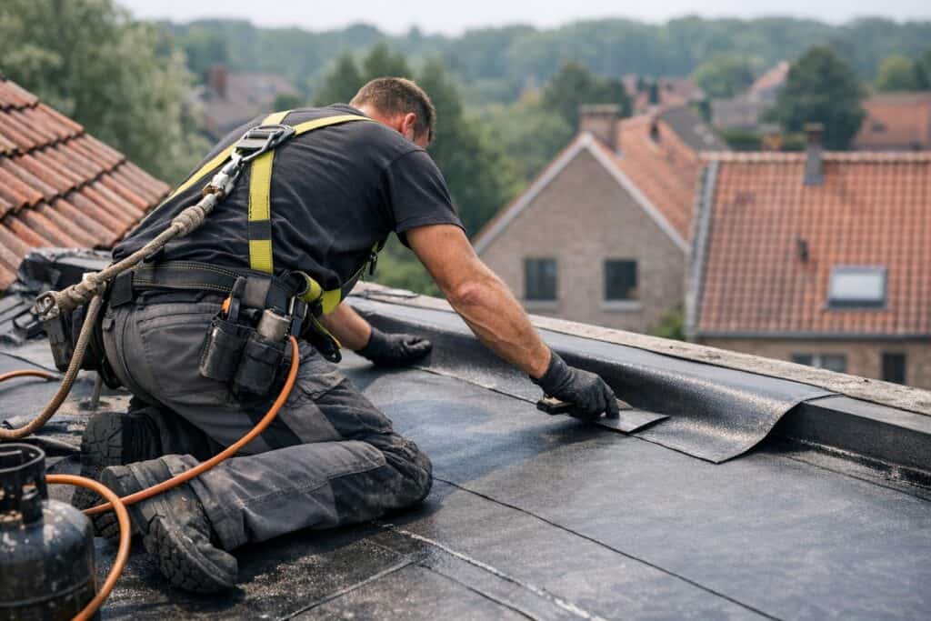 Vakman die plat dak repareren uitvoert aan een woning