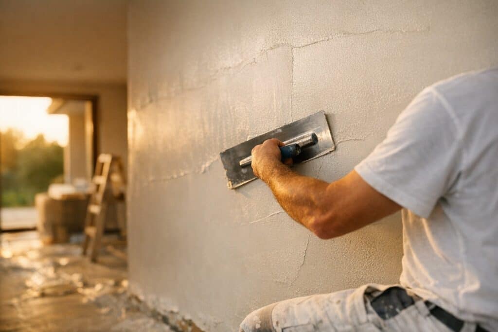 Vakman die pleisterwerk reparatie uitvoert aan een woning