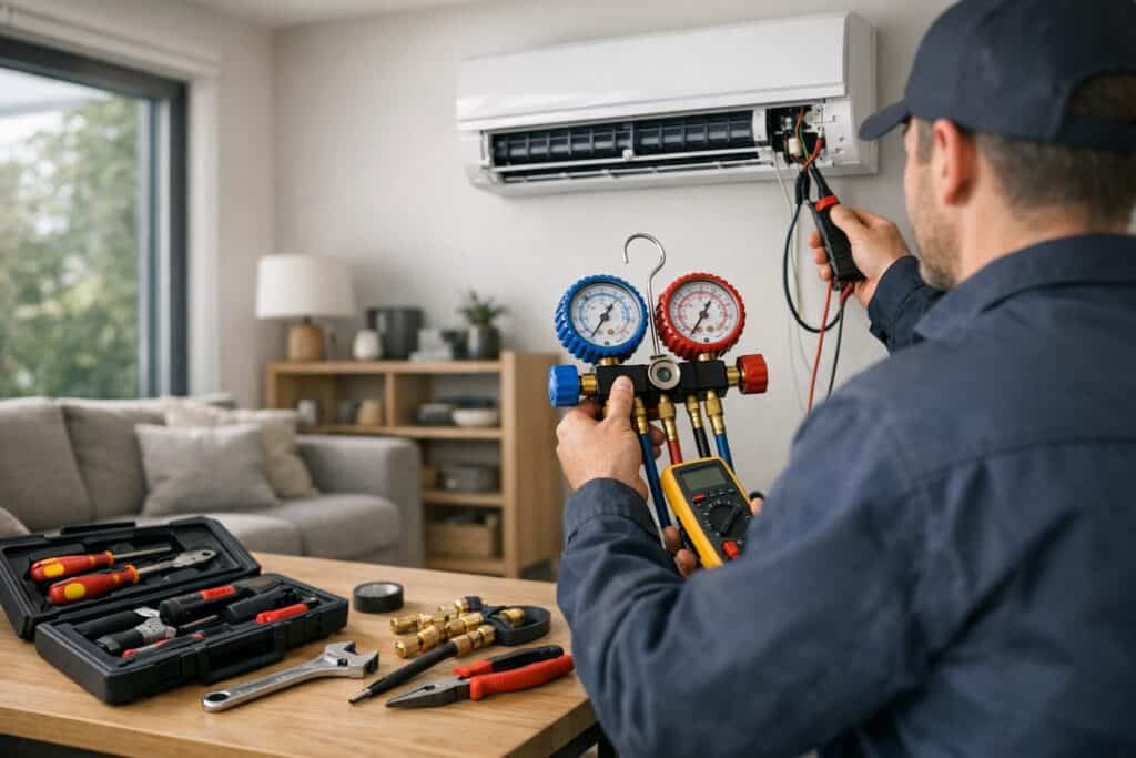Vakman die raam-airco reparatie uitvoert aan een woning