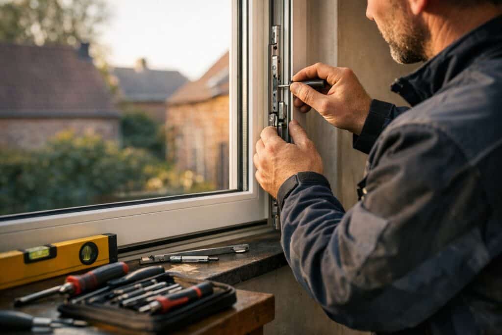 Vakman die raamdecoratie repareren uitvoert aan een woning