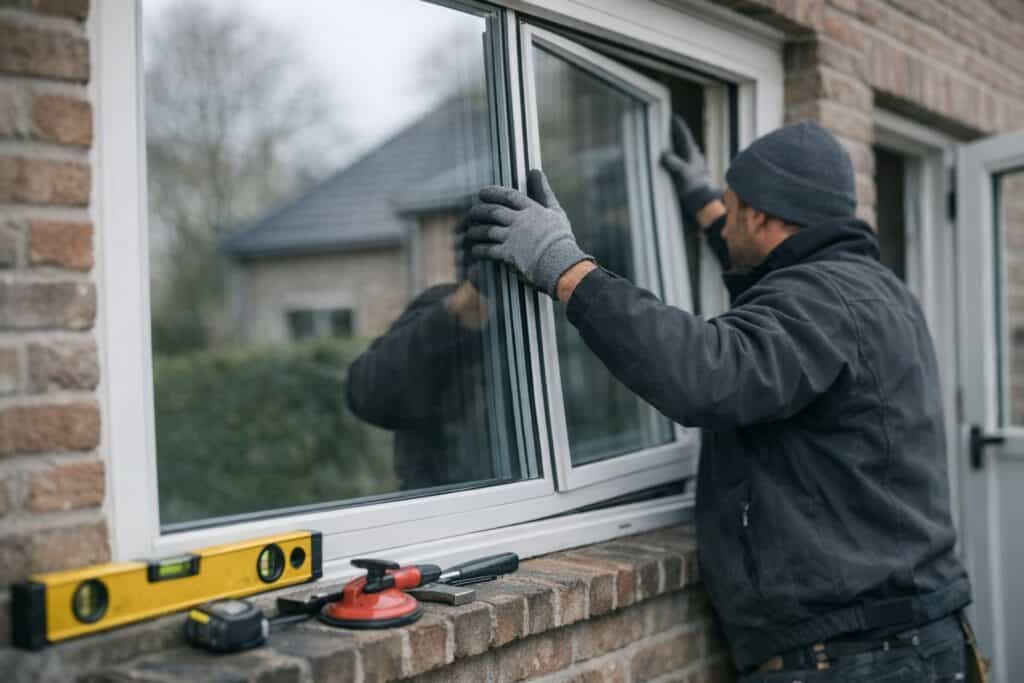 Ervaren vakman gespecialiseerd in raamglas vervangen aan het werk