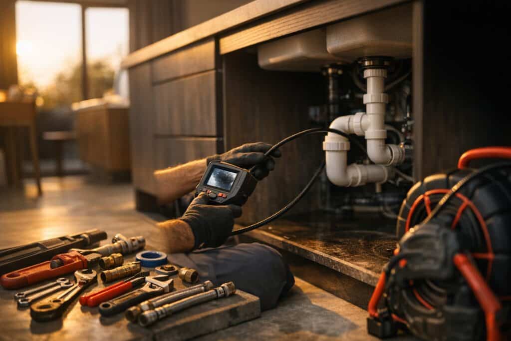 Ervaren vakman gespecialiseerd in riool service aan het werk