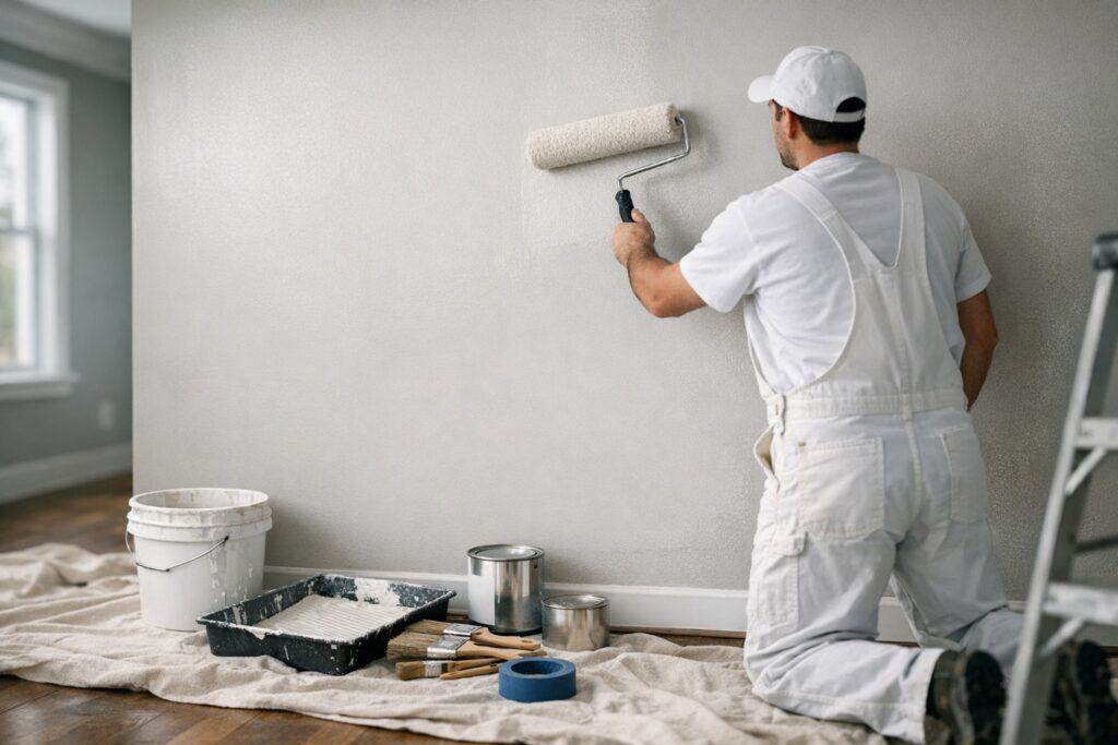 Ervaren vakman gespecialiseerd in schilderwerk aan het werk