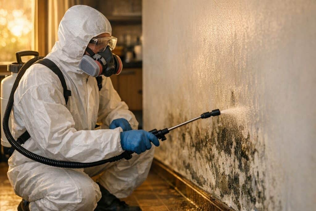 Ervaren vakman gespecialiseerd in schimmelverwijdering aan het werk