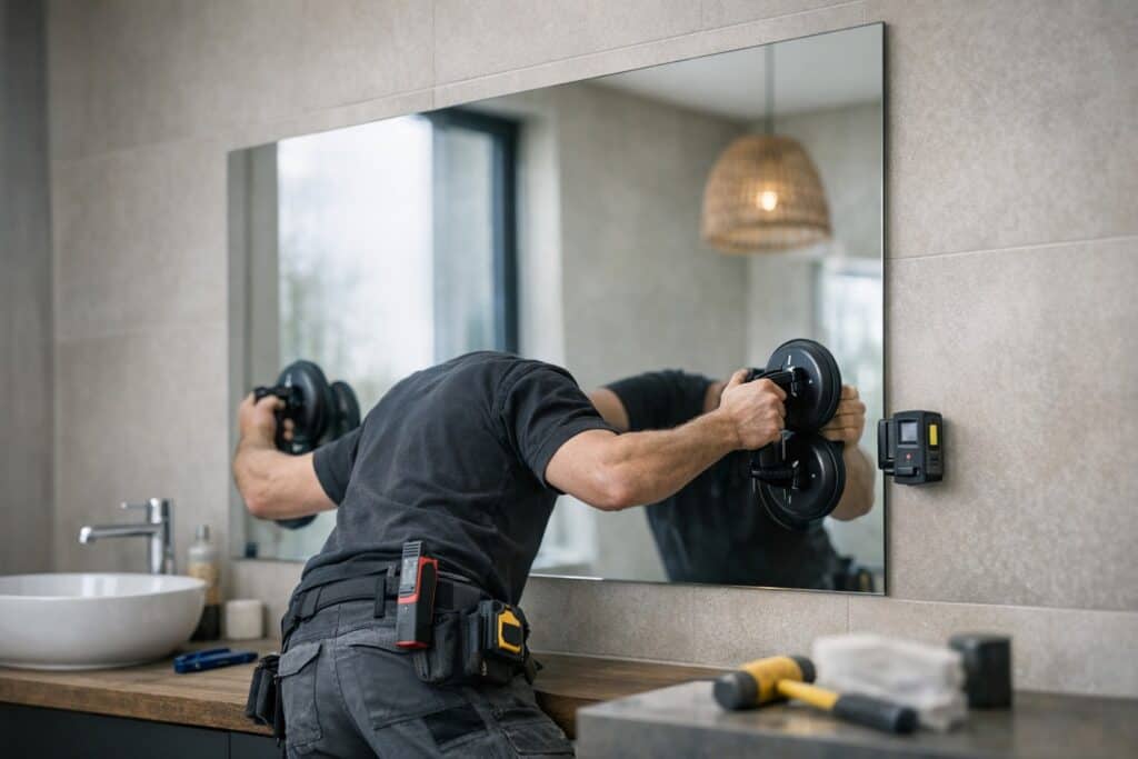 Vakman die spiegel reparatie uitvoert aan een woning