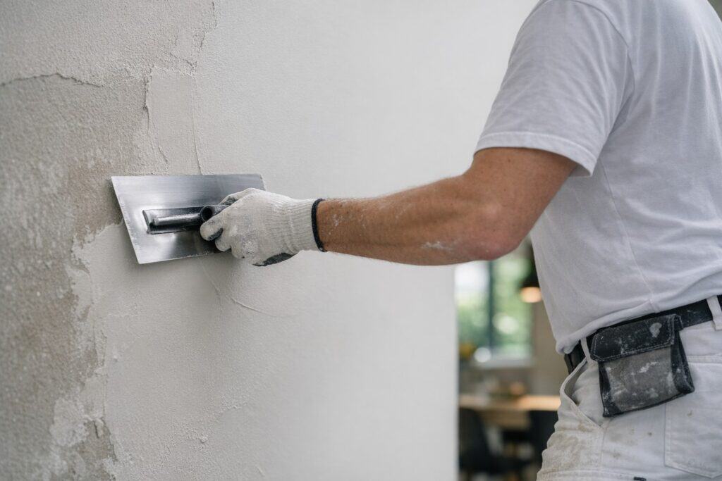 Vakman die stucwerk reparatie uitvoert aan een woning
