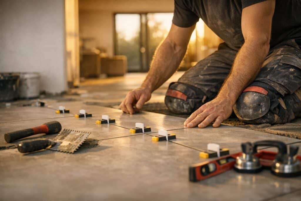 Vakman die tegel reparatie uitvoert aan een woning